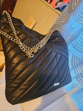 Vince Camuto Black Quilted Shoulder Bag with Gold Chain Strap